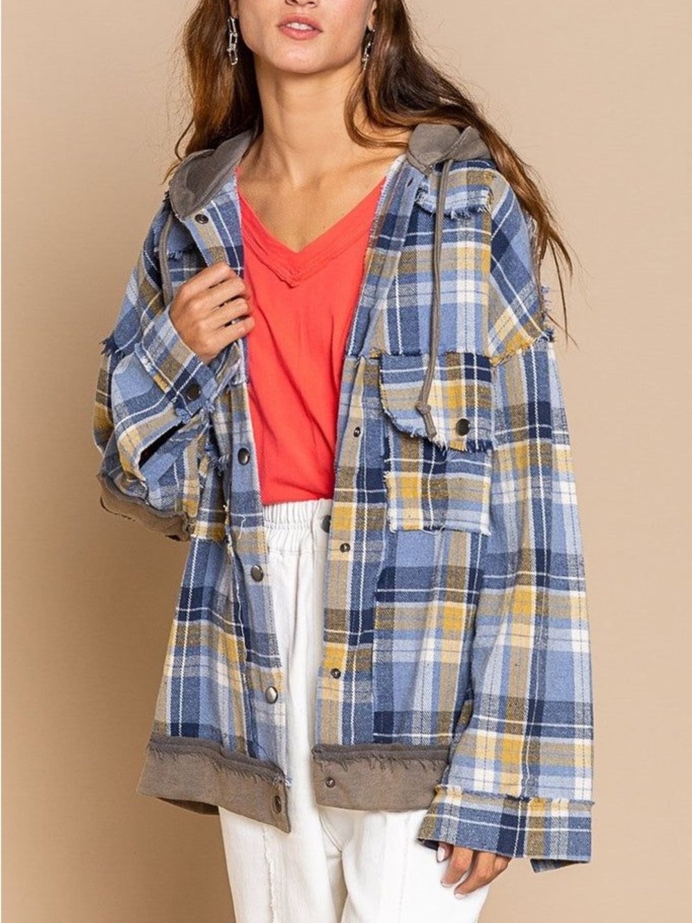 POL Blue and Yellow Plaid Hooded Utility Shacket Size XL